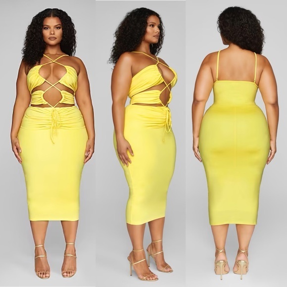 Fashion to Figure x Leslie Sidora Dahlia Sexy Drawstring Detail Midi Dress - Picture 1 of 6